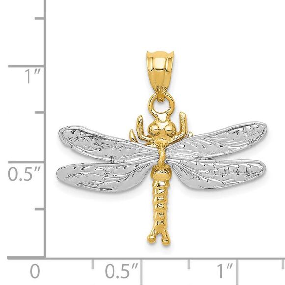 14k Two Tone Gold 28mm Textured Dragonfly Pendant - Picture 3 of 4